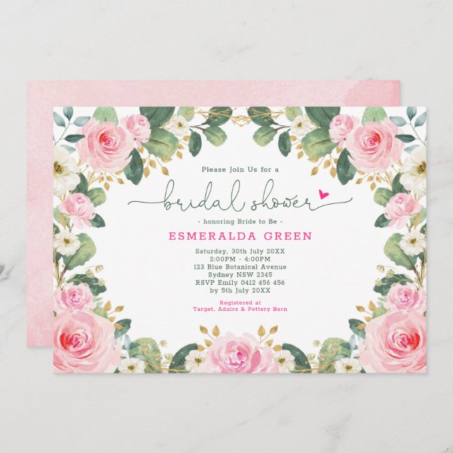 Heissrosa Rose Grüne Gartenanlage Brautparty Einladung (Vorne/Hinten)