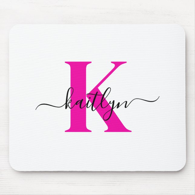 Heißrosa schwarzer initialer Namensmonogramm Mousepad (Vorne)