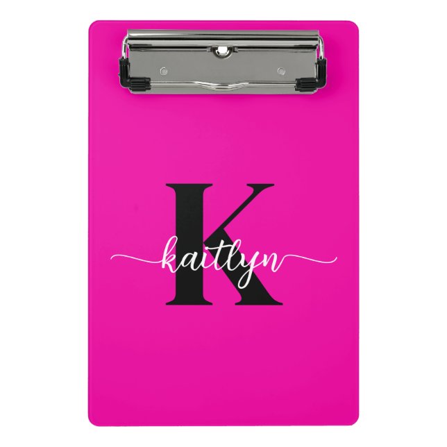 Heißrosa-schwarzes Monogramm Mini Klemmbrett (Vorderseite)