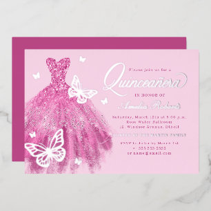 Heißrosa silberner Schmetterlingskleid Quinceanera Folieneinladung