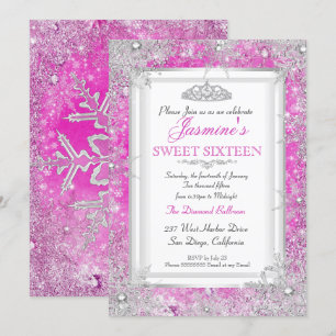 Heißrosa silberner Winter-Wunderland Sweet 16 Einladung