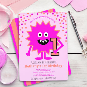 Heißrosa süßer kleiner Monster 1. Geburtstag indiv Einladung
