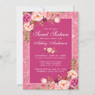 Heißrosa Sweet 16 Geburtstags-Blumen-Glitter Einladung