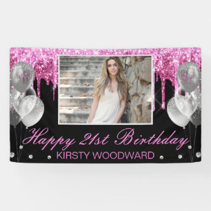Heißrosa tropfender Glitter & Luftballons Geburtst Banner