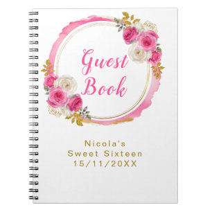 Heißrosa und goldene elegante Blumen Sweet Sixteen Notizblock