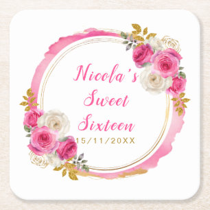 Heißrosa und goldene elegante Blumen Sweet Sixteen Rechteckiger Pappuntersetzer