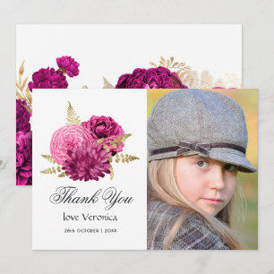 Heißrosa und goldene florale Quinceañera-Foto Dankeskarte