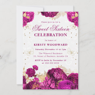 Heißrosa und goldene Rosen Floral Sweet Sixteen Einladung