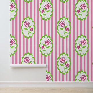 Heißrosa und Limette Floral Frame Cabana Streifen Tapete