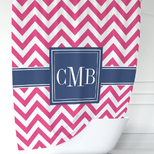 Heißrosa und marineblaue Chevron-Streifen Monogram Duschvorhang