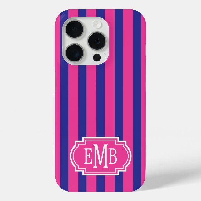 Heißrosa und marineblaue monogrammierte Streifen Case-Mate iPhone Hülle (Rückseite)
