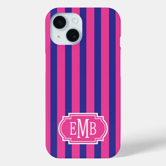 Heißrosa und Marineblaue monogrammierte Streifen Case-Mate iPhone Hülle (Rückseite)
