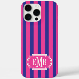 Heißrosa und Marineblaue monogrammierte Streifen iPhone 16 Pro Max Hülle