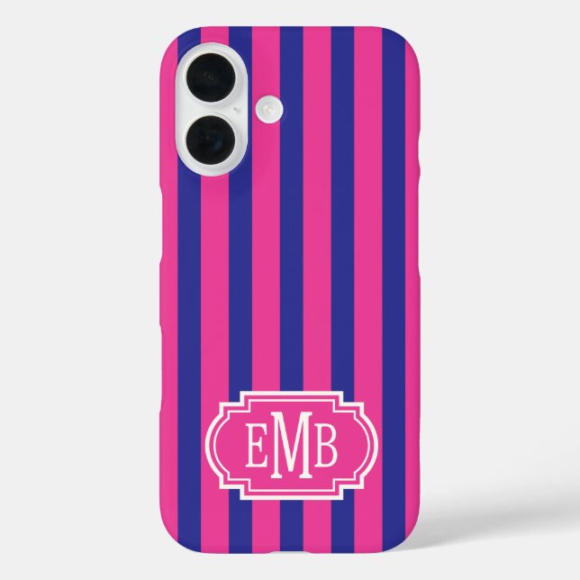 Heißrosa und marineblaue monogrammierte Streifen Case-Mate iPhone Hülle (Rückseite)