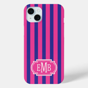 Heißrosa und marineblaue monogrammierte Streifen Case-Mate iPhone Hülle