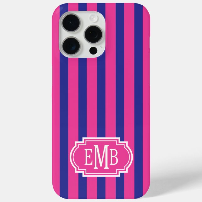 Heißrosa und Marineblaue monogrammierte Streifen Case-Mate iPhone Hülle (Rückseite)