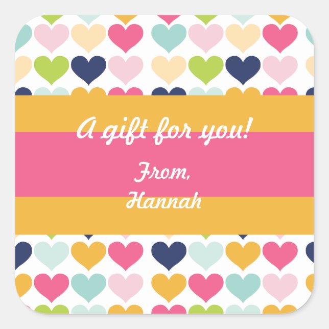 Heißrosa und orangefarbenes Herz - individuell auf Quadratischer Aufkleber (Vorderseite)