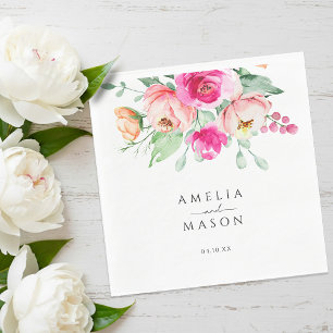 Heißrosa und Pfirsich Blumen Aquarell Hochzeit Serviette