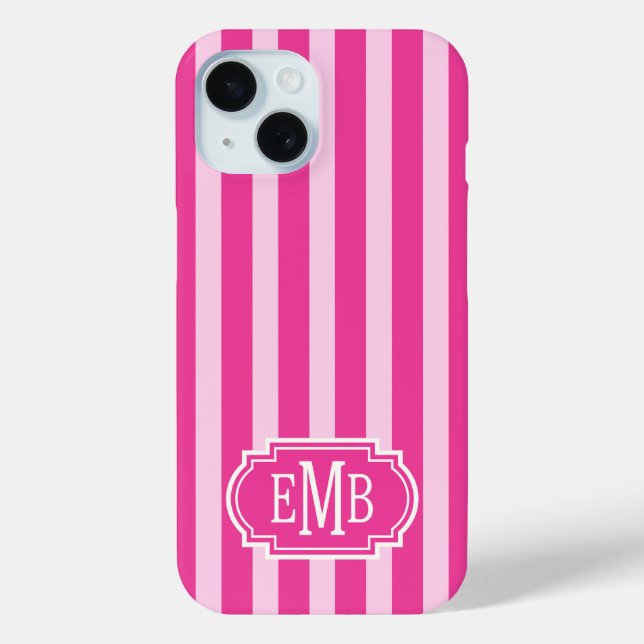 Heißrosa und Rosa monogrammierte Streifen Case-Mate iPhone Hülle (Rückseite)