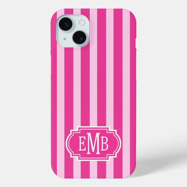 Heißrosa und Rosa monogrammierte Streifen Case-Mate iPhone Hülle (Rückseite)