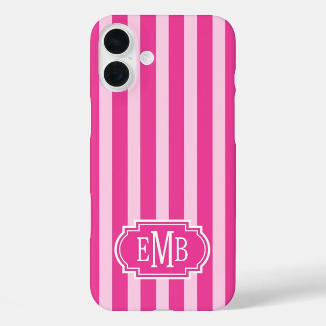 Heißrosa und Rosa monogrammierte Streifen Case-Mate iPhone Hülle (Rückseite)