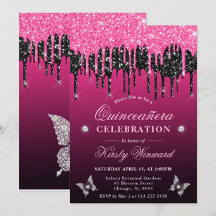 Heißrosa und schwarze tropfende Glitter-Quinceaner Einladung