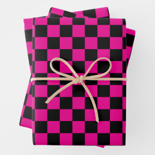 Heißrosa und schwarzer Karodruck Geschenkpapier Set