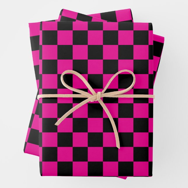 Heißrosa und schwarzer Karodruck  Geschenkpapier Set (Beispiel)
