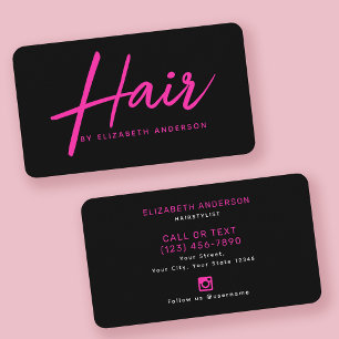 Heißrosa und schwarzes Retro-Script Friseur Visitenkarte