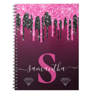 Heißrosa und schwarzes tropfendes Glitter-Monogram Notizblock