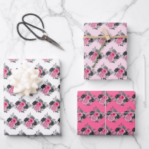 Heißrosa und silberne elegante Blumen Geschenkpapier Set