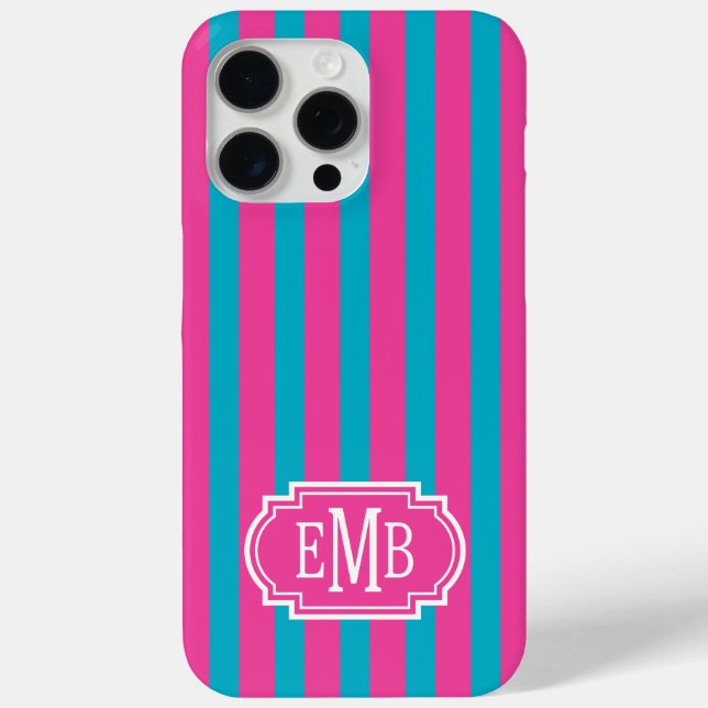Heißrosa und Türkis Monogramm Streifen Case-Mate iPhone Hülle (Rückseite)