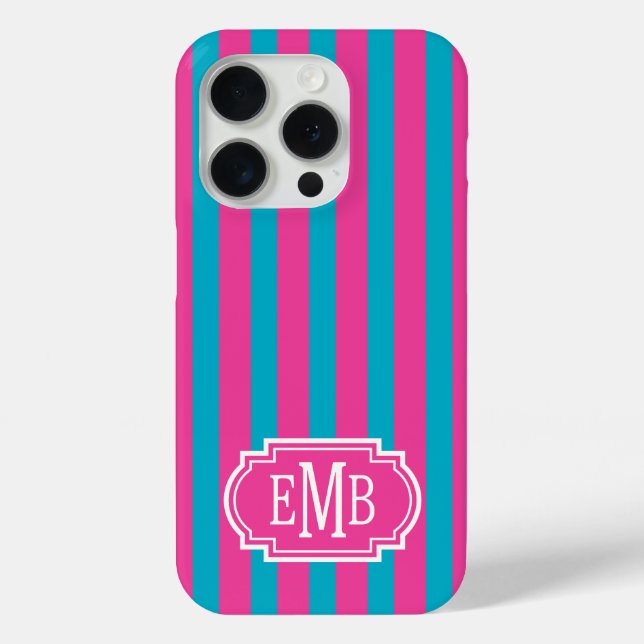 Heißrosa und Türkis Monogramm Streifen Case-Mate iPhone Hülle (Rückseite)