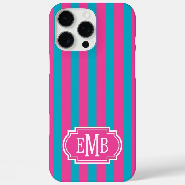 Heißrosa und Türkis monogrammierte Streifen Case-Mate iPhone Hülle (Rückseite)