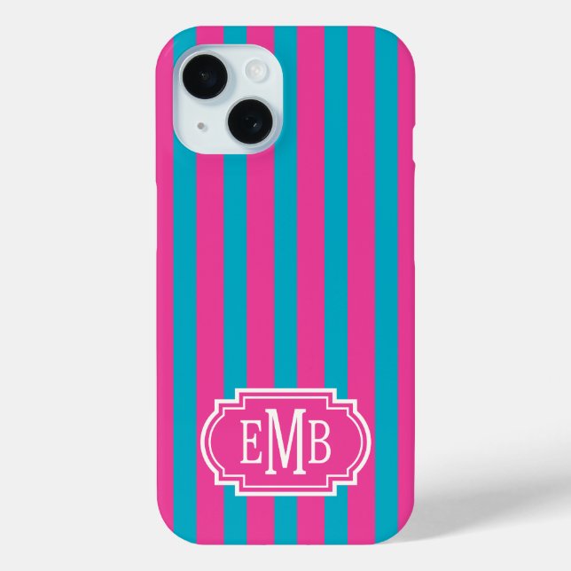 Heißrosa und Türkis monogrammierte Streifen Case-Mate iPhone Hülle (Rückseite)