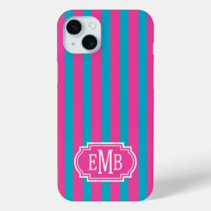 Heißrosa und Türkis monogrammierte Streifen Case-Mate iPhone Hülle