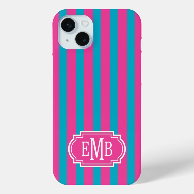 Heißrosa und Türkis monogrammierte Streifen Case-Mate iPhone Hülle (Rückseite)