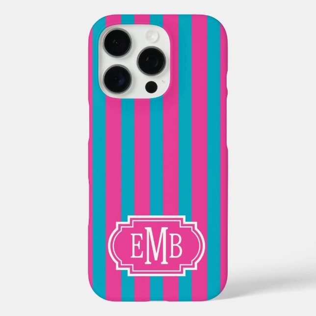Heißrosa und Türkis monogrammierte Streifen Case-Mate iPhone Hülle (Rückseite)