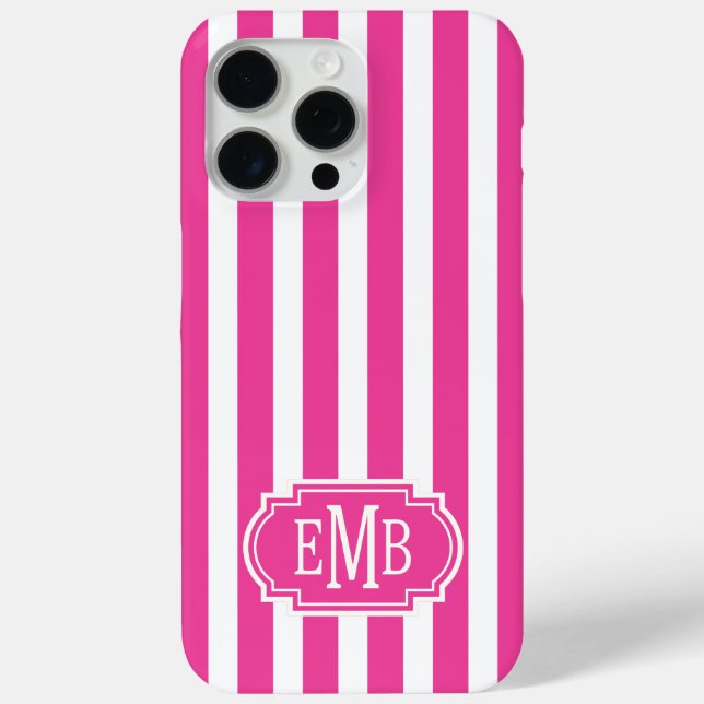 Heißrosa und weiße monogrammierte Streifen Case-Mate iPhone Hülle (Rückseite)