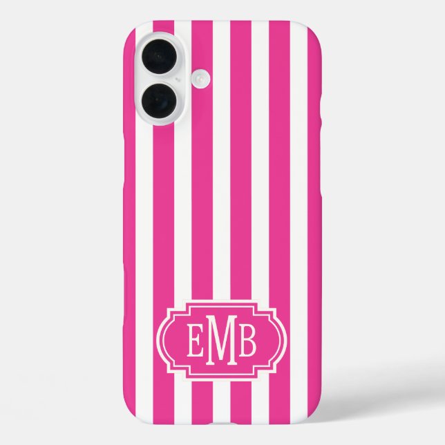 Heißrosa und weiße monogrammierte Streifen Case-Mate iPhone Hülle (Rückseite)