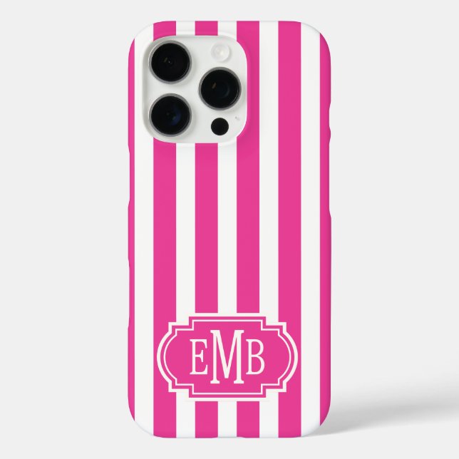 Heißrosa und weiße monogrammierte Streifen Case-Mate iPhone Hülle (Rückseite)