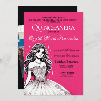 Heissrosa und Weiße Quinceñera Einladung
