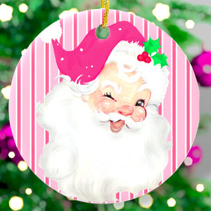 Heißrosa Vintage-Santa-Wink Retro-Christbaum Keramik Ornament