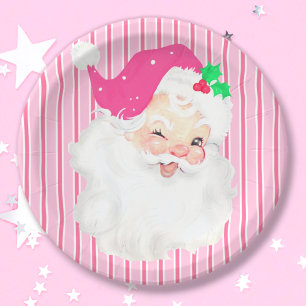 Heißrosa Vintage-Santa-Wink Retro-Christmas-Party Pappteller