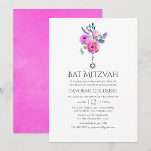 Heißrosa Wasserfarben Floral Bat Mitzvah Einladung