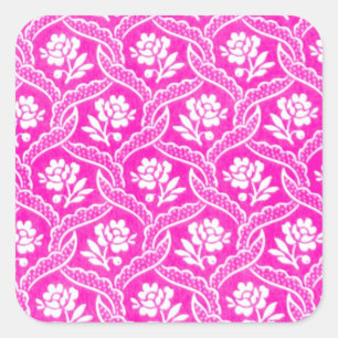 Heißrosa weiße Vintage-Blumen-Wallpaper Quadratischer Aufkleber