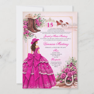 Heißrosa westliche Quinceañera Fuchsia Einladung
