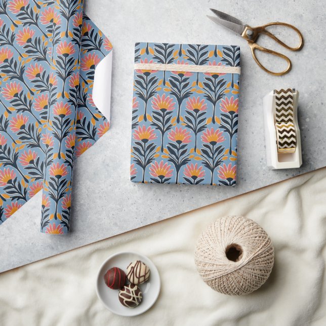 Heitere Blaue Blumen Retro Geschenkpapier (Kunsthandwerk)
