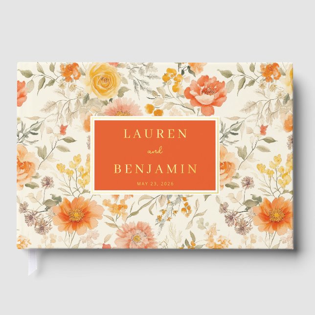 Heiteres Orangen-Blumen-Botanikdesign Gästebuch (Vorderseite)