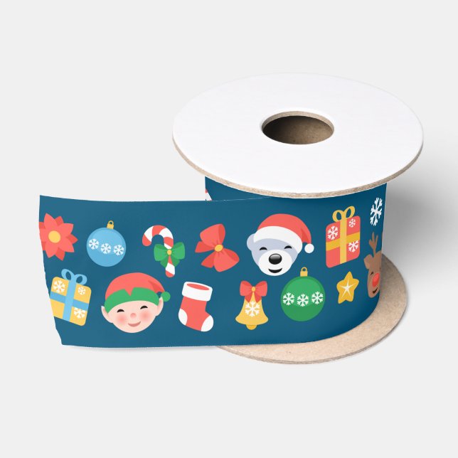 Heiteres Weihnachtsmuster auf blau Satinband (Spule)